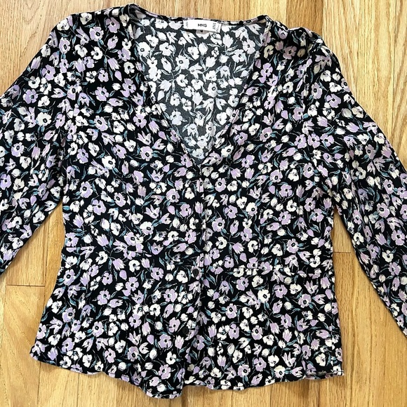 MANGO floral button up v-neck blouse size L - Picture 10 of 15